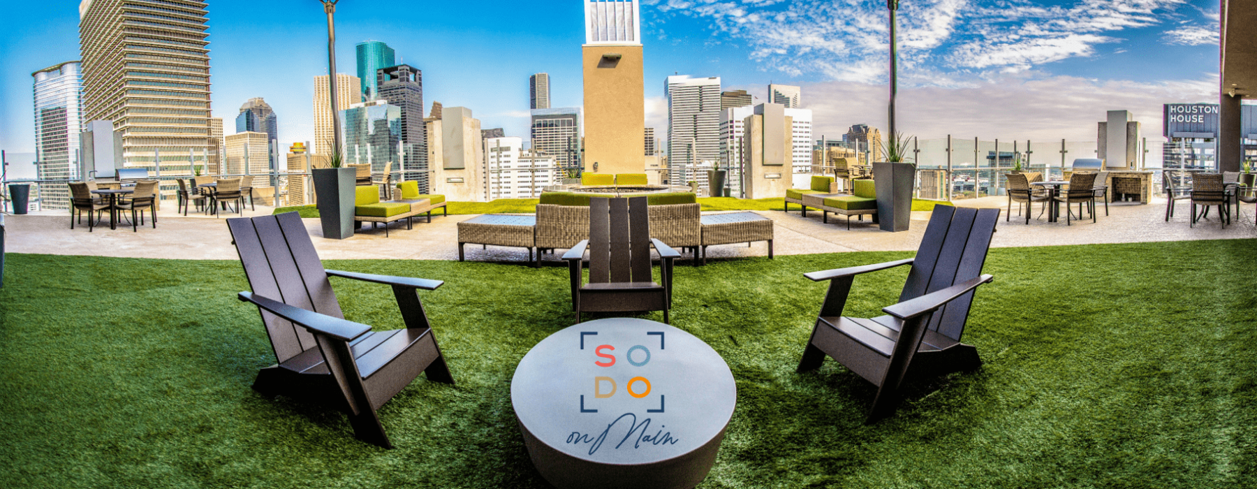 rooftop seating and views of city