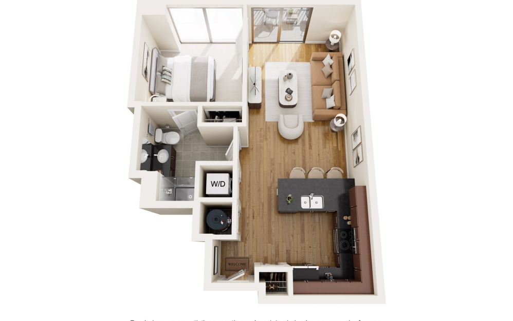 A1N - 1 bedroom floorplan layout with 1 bathroom and 678 square feet (2D)