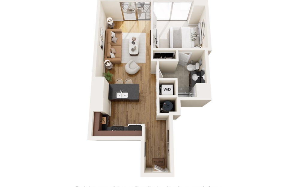 A3N - 1 bedroom floorplan layout with 1 bathroom and 702 square feet (2D)