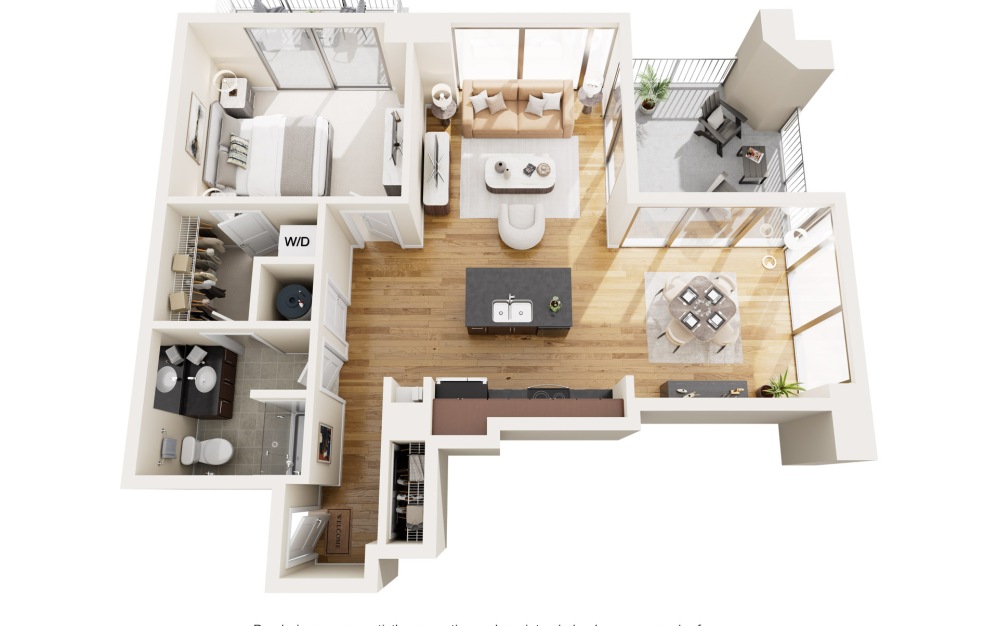 A9N - 1 bedroom floorplan layout with 1 bathroom and 858 square feet (2D)