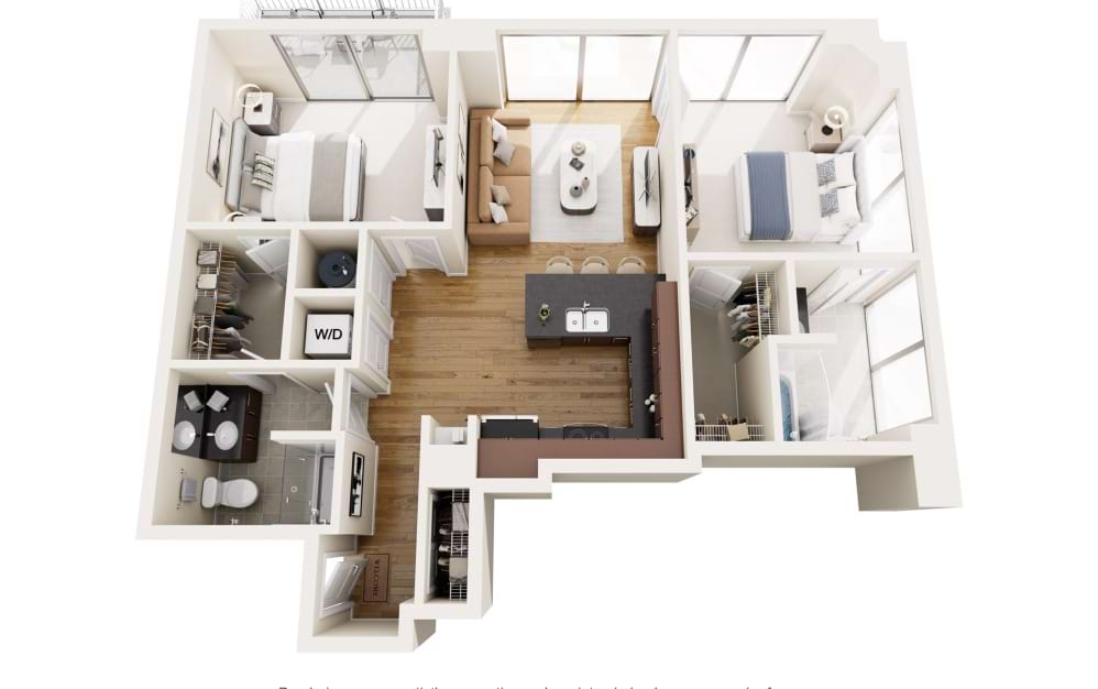 B1N - 2 bedroom floorplan layout with 2 bathrooms and 988 square feet (2D)