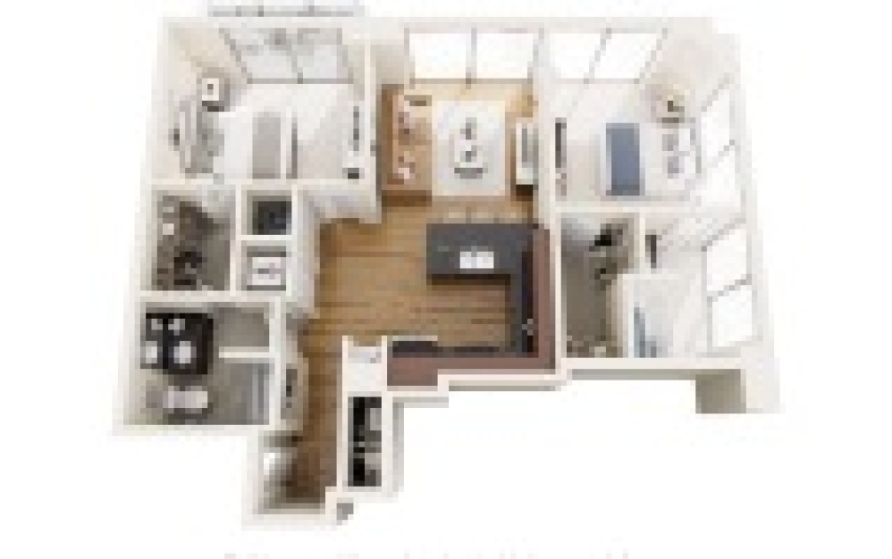 B1N - 2 bedroom floorplan layout with 2 bathrooms and 988 square feet (3D)