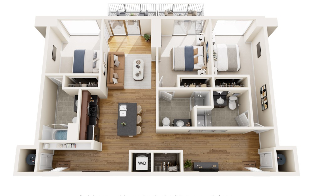 C1N - 3 bedroom floorplan layout with 3 bathrooms and 1331 square feet (2D)