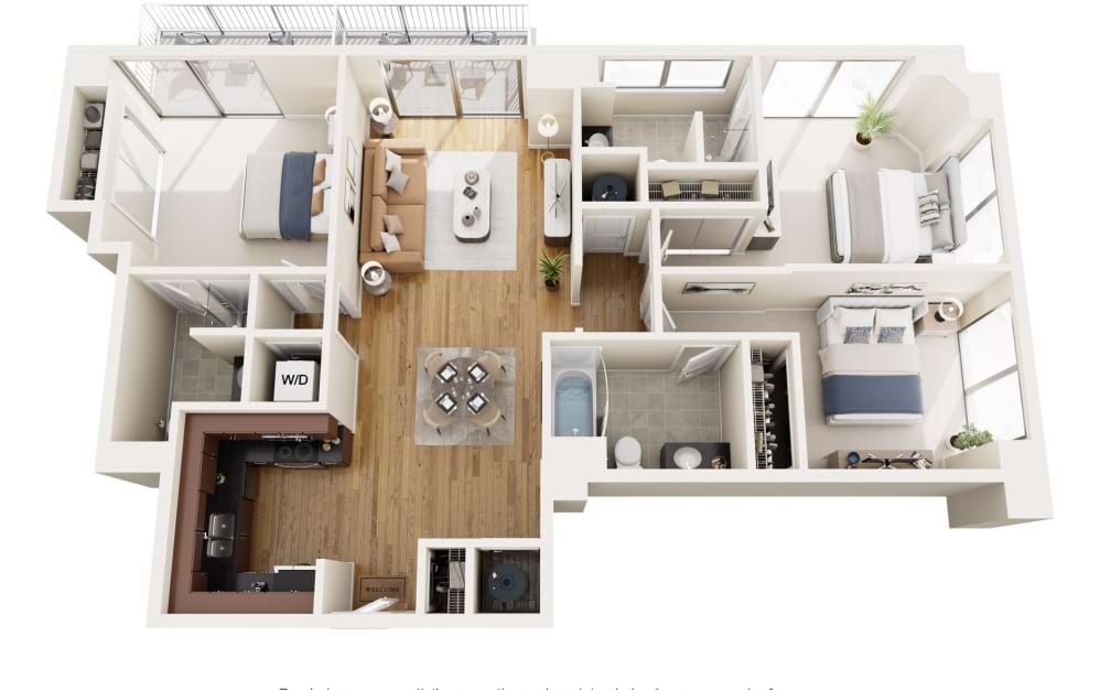 C2N - 3 bedroom floorplan layout with 3 bathrooms and 1357 square feet (2D)