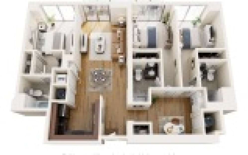C3N - 3 bedroom floorplan layout with 3 bathrooms and 1379 square feet (3D)