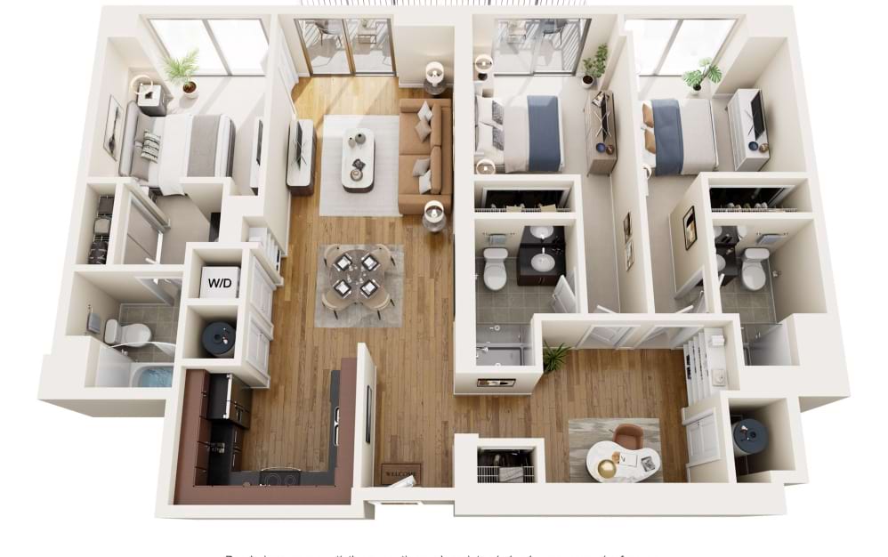 C3N - 3 bedroom floorplan layout with 3 bathrooms and 1379 square feet (2D)