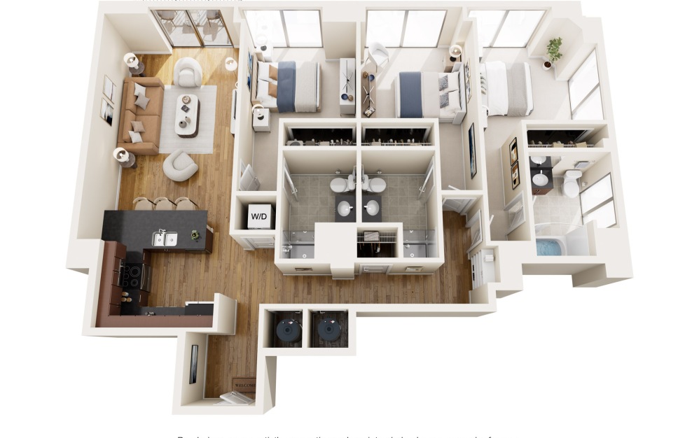 C4N - 3 bedroom floorplan layout with 3 bathrooms and 1412 square feet (2D)
