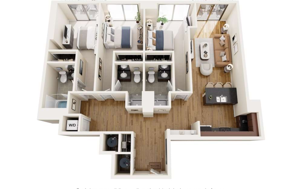 C5N - 3 bedroom floorplan layout with 3 bathrooms and 1418 square feet (2D)