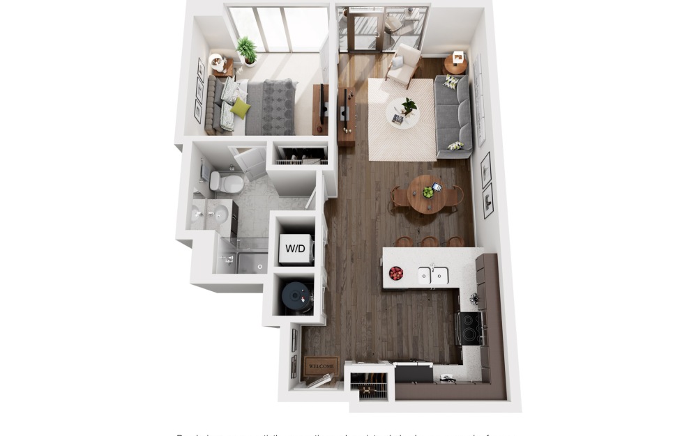 A1S - 1 bedroom floorplan layout with 1 bathroom and 680 square feet (2D)