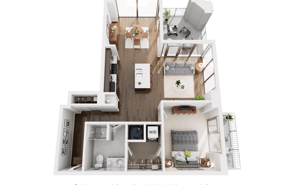 A11S - 1 bedroom floorplan layout with 1 bathroom and 899 square feet (2D)