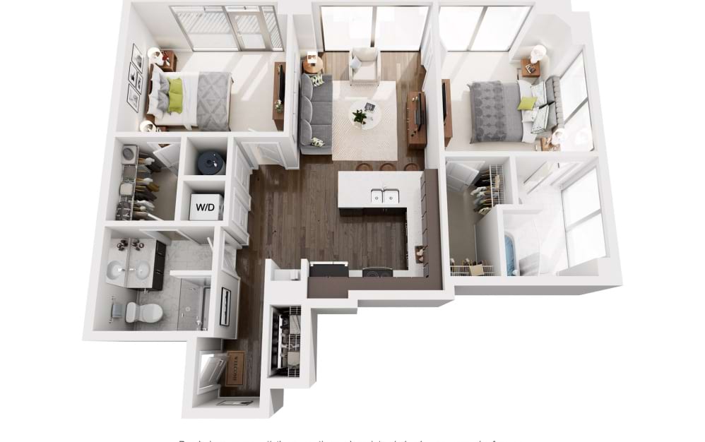 B1S - 2 bedroom floorplan layout with 2 bathrooms and 991 square feet (2D)