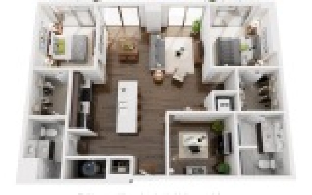 B3S - 2 bedroom floorplan layout with 2 bathrooms and 1336 square feet (3D)
