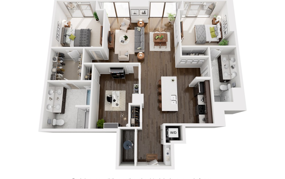 B5S - 2 bedroom floorplan layout with 2 bathrooms and 1371 square feet (3D)