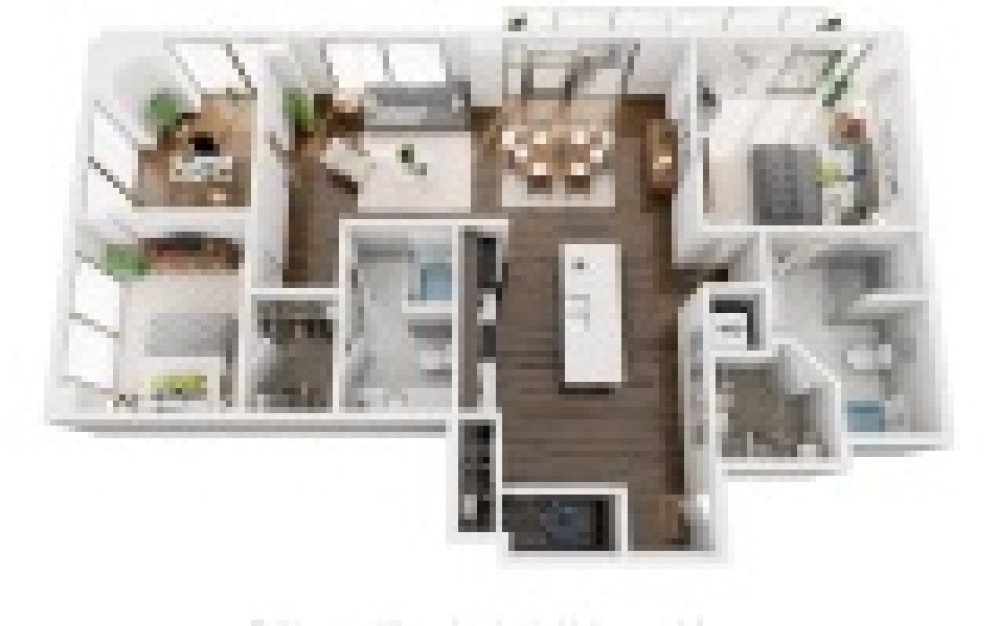 B6S - 2 bedroom floorplan layout with 2 bathrooms and 1415 square feet (3D)