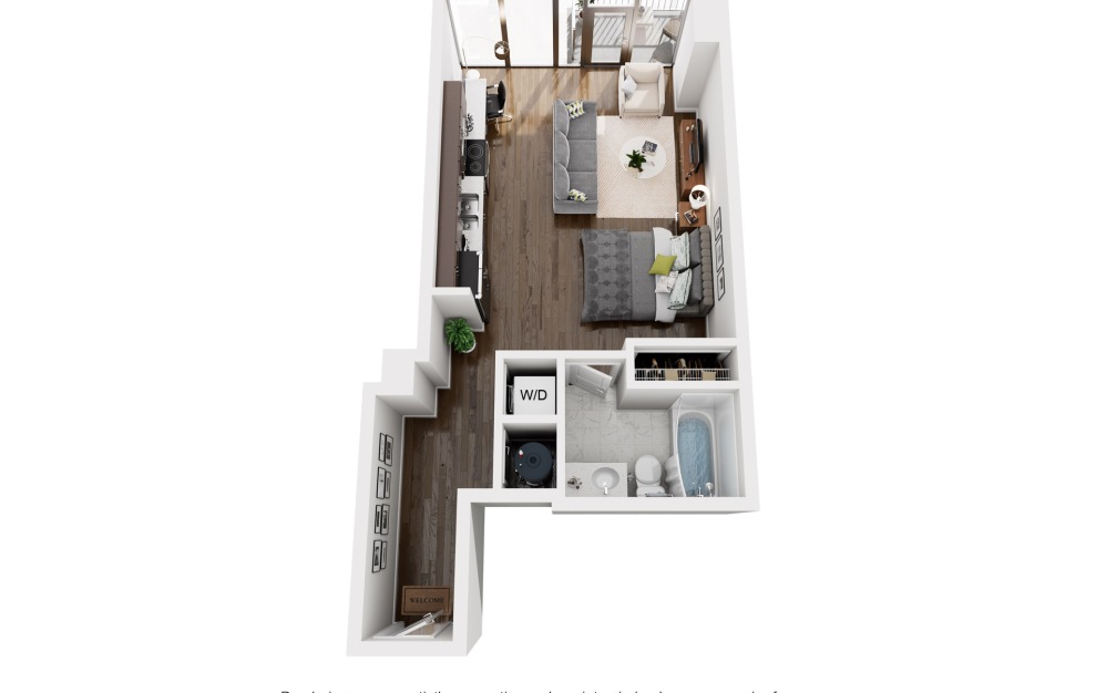 S3S - Studio floorplan layout with 1 bathroom and 627 square feet (2D)