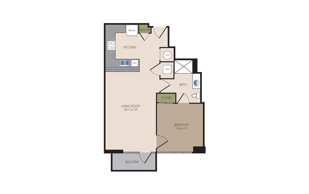 A1S - 1 bedroom floorplan layout with 1 bath and 680 square feet.
