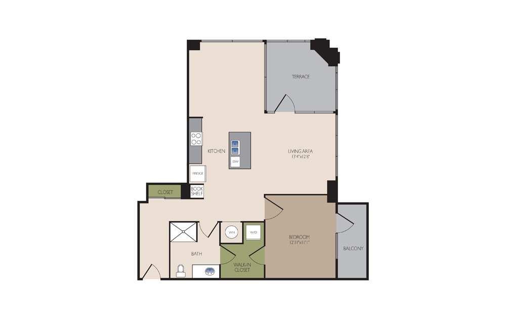 A11S - 1 bedroom floorplan layout with 1 bath and 899 square feet.