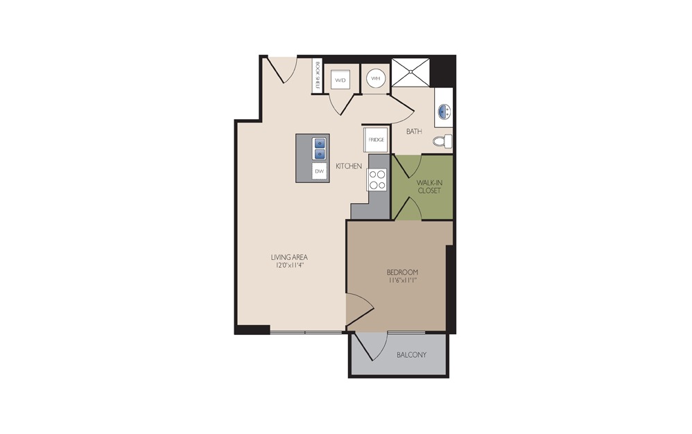 A2S - 1 bedroom floorplan layout with 1 bath and 692 square feet.