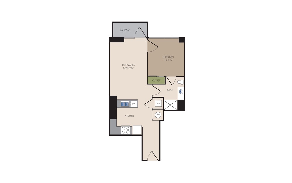 A3S - 1 bedroom floorplan layout with 1 bath and 692 to 706 square feet.