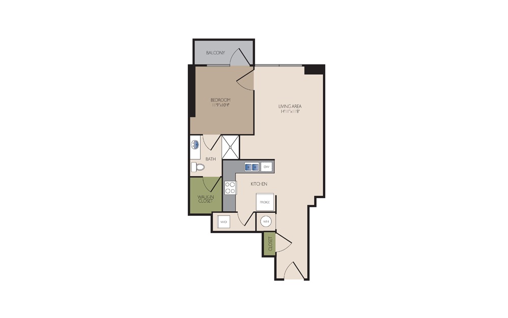 A4 - 1 bedroom floorplan layout with 1 bath and 725 square feet.