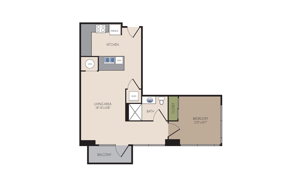 A6S - 1 bedroom floorplan layout with 1 bath and 742 square feet.