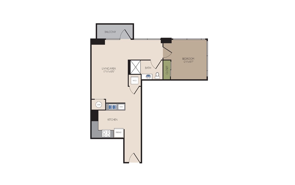A7S - 1 bedroom floorplan layout with 1 bath and 760 square feet.
