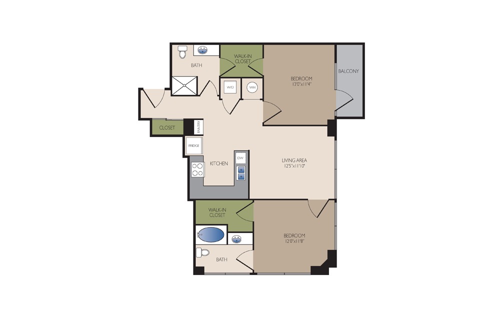 B1S - 2 bedroom floorplan layout with 2 baths and 991 square feet.