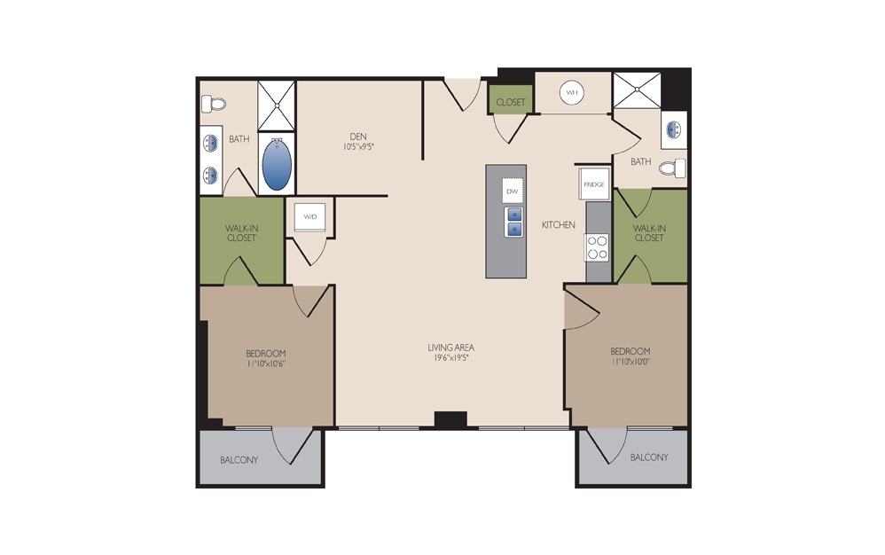 B3 - 2 bedroom floorplan layout with 2 baths and 1336 square feet.