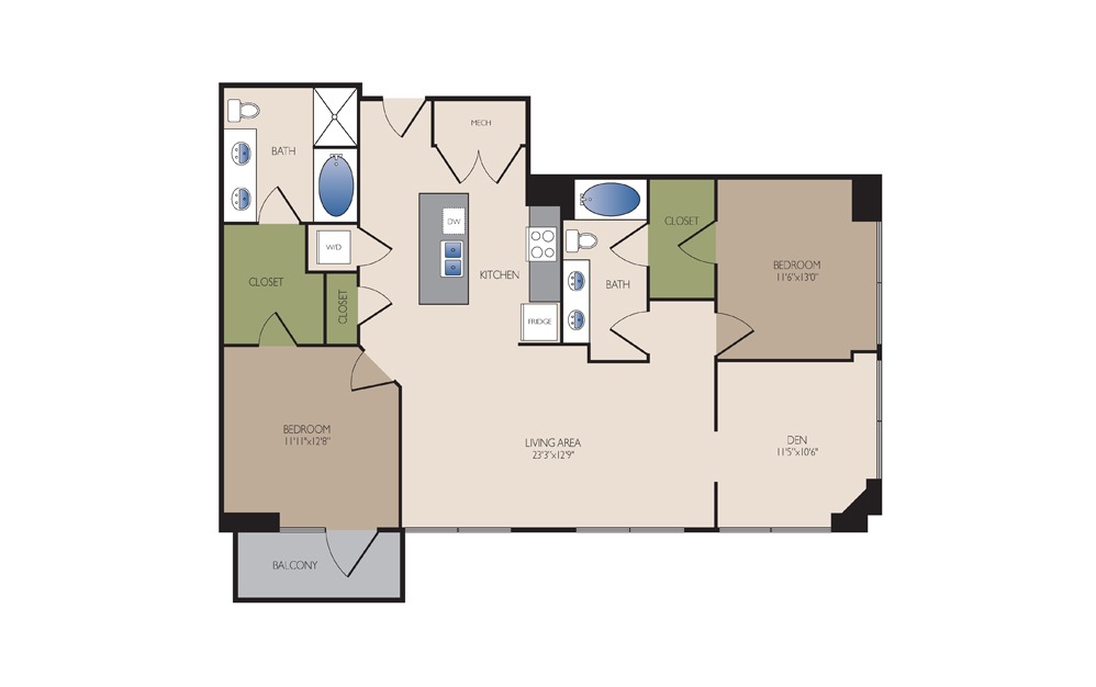 B4S - 2 bedroom floorplan layout with 2 baths and 1364 square feet.