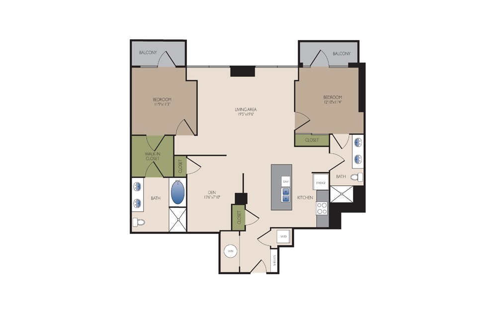 B5S - 2 bedroom floorplan layout with 2 baths and 1371 square feet.