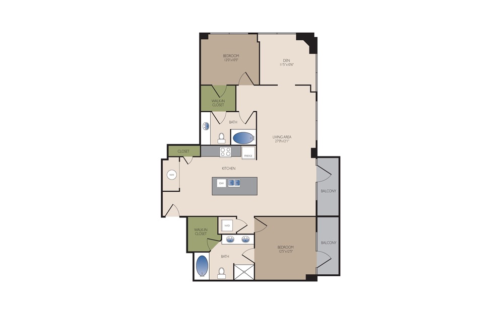 B6 - 2 bedroom floorplan layout with 2 baths and 1415 square feet.