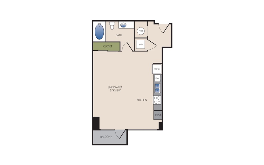 S2S - Studio floorplan layout with 1 bath and 616 square feet.