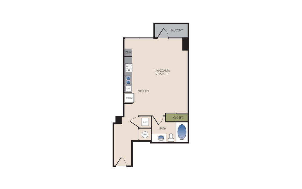 S3 - Studio floorplan layout with 1 bath and 627 square feet.